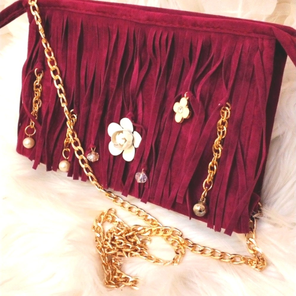 CROSSBODY Bag Purple Fringed Purse  Clutch Purse‎ Bag BEAUTIFUL Camelia Roses